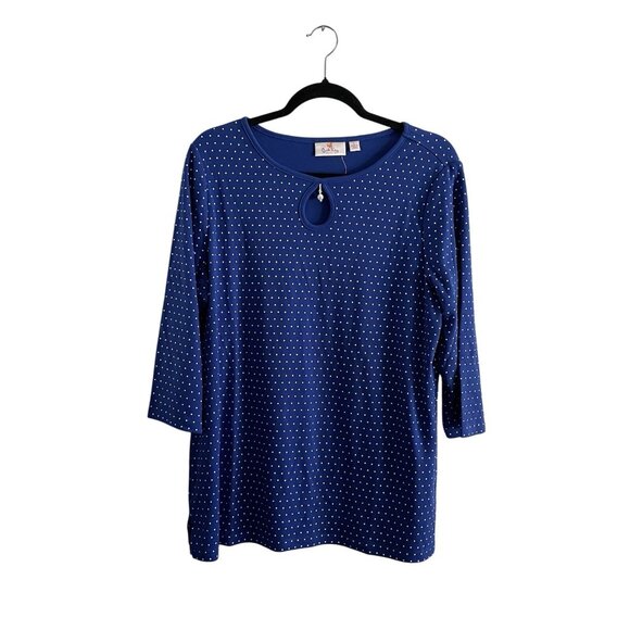 Quacker Factory Sz L Blue Polka Dot Pearl Charm Keyhole 3/4 Sleeve T-Shirt NWOT - Picture 1 of 11
